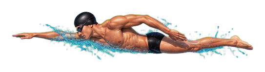 Realistic swimmer performing a freestyle stroke in a horizontal swimming pose.