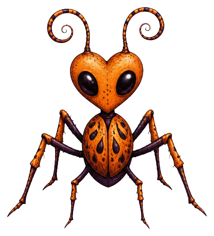 Orange heart-headed beetle alien with large black eyes and thin legs