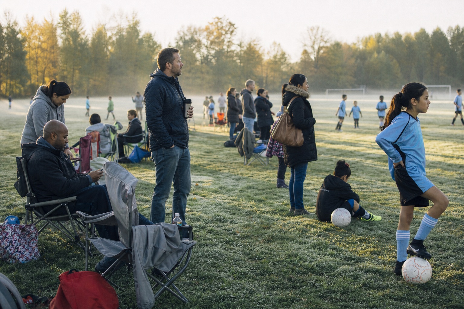 Candid people standing and sitting along a soccer sideline on an early morning field.
