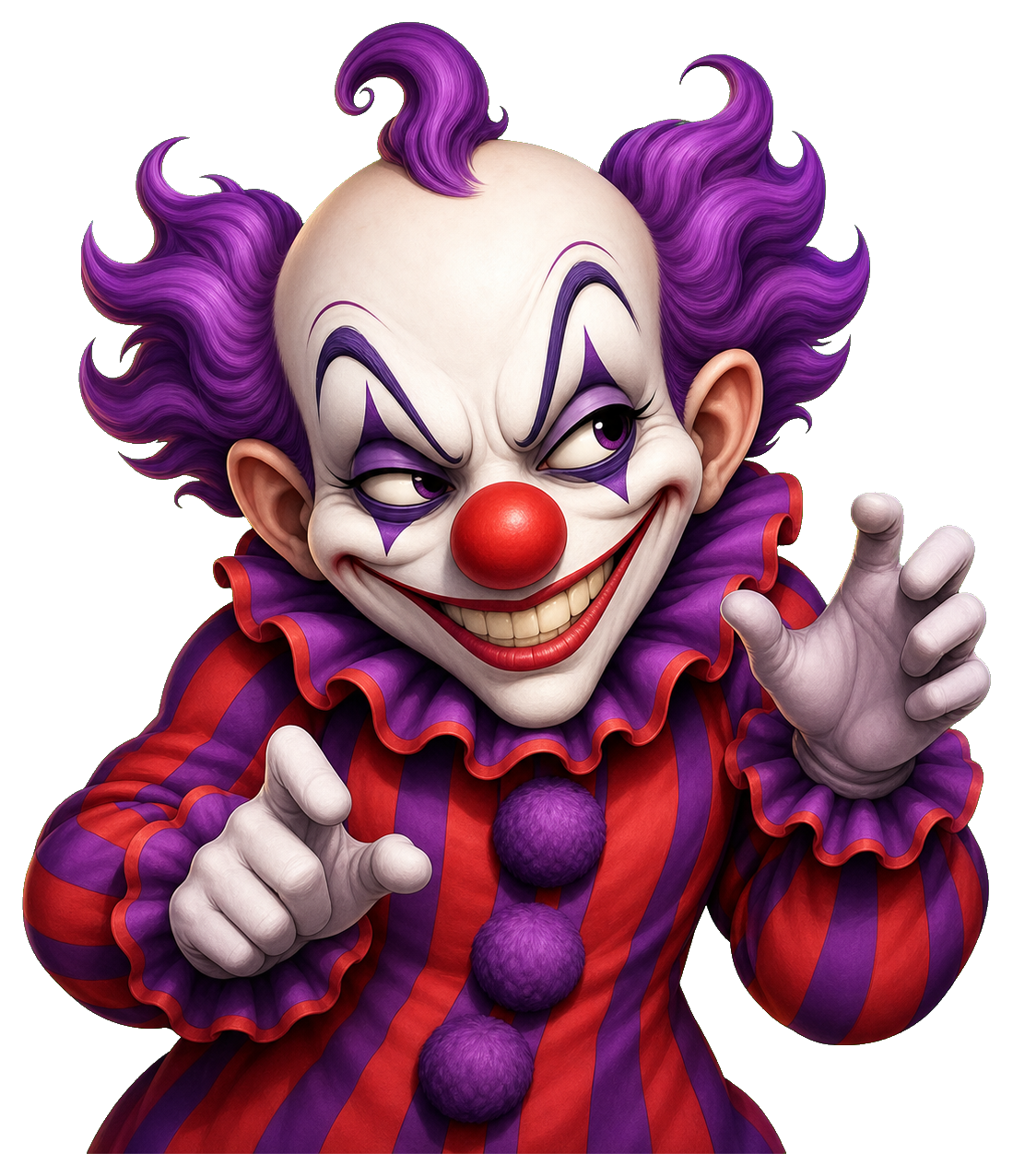 Grinning evil clown with purple hair, red nose, and striped costume reaching forward.