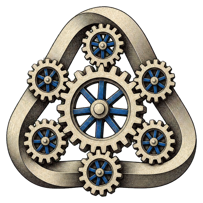 Triangular loop of interlocking gears with blue centers and a metallic frame