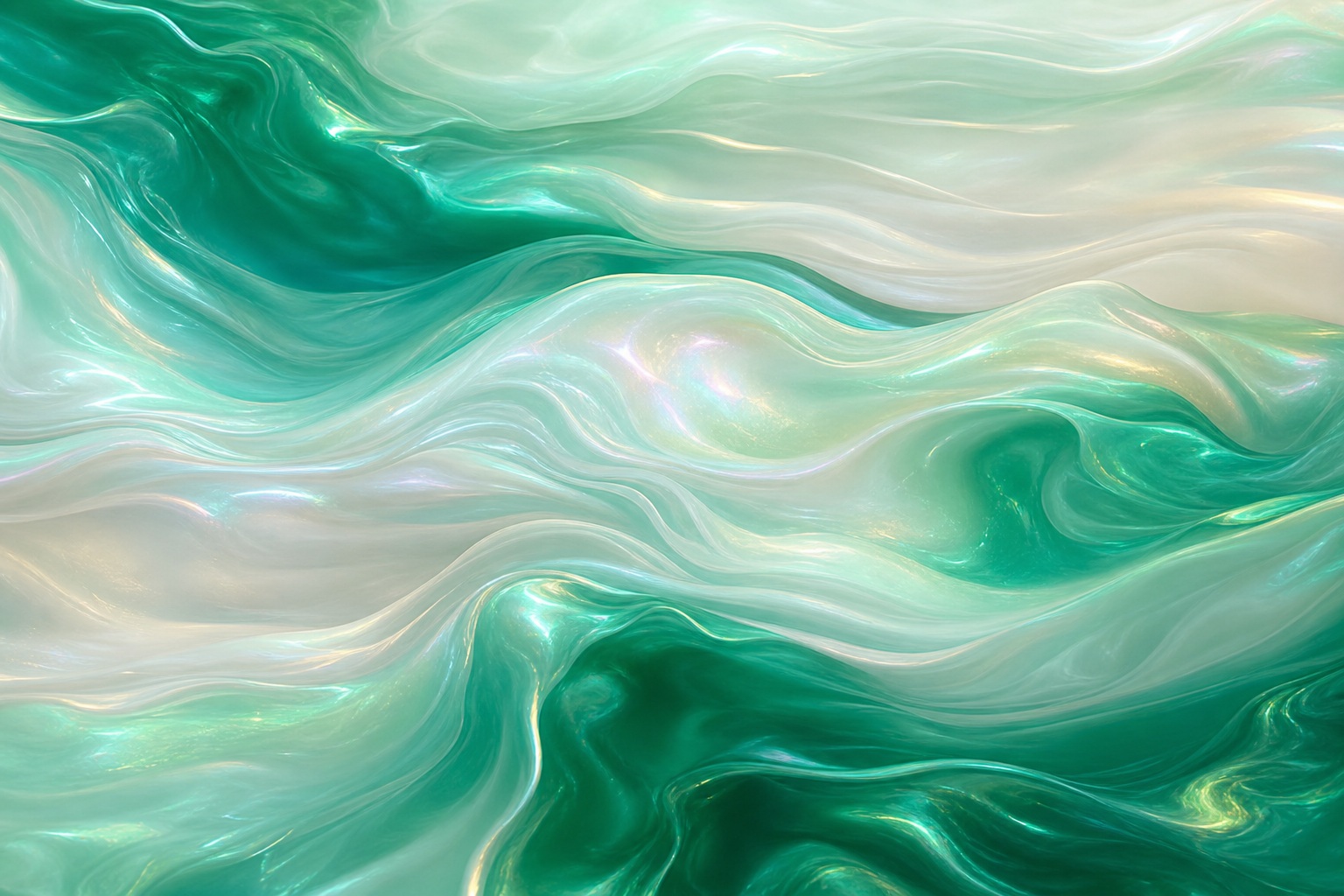Abstract green and white opalescent waves with a soft shimmering fluid texture