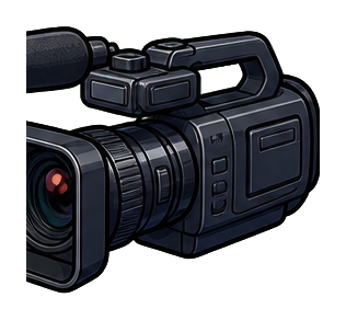 A dark blue video camera with a large lens and side controls.