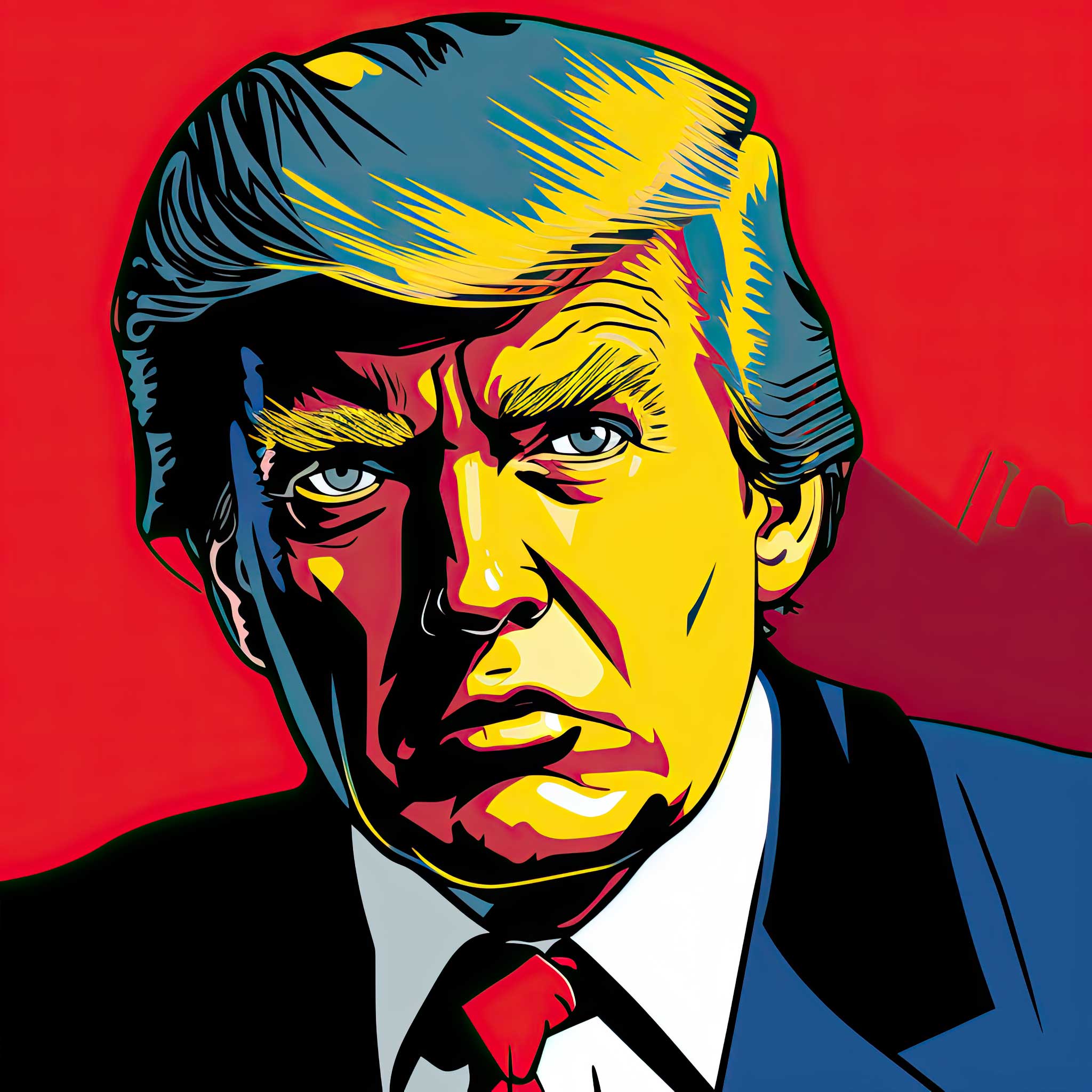 Pop art portrait of Donald Trump with bright red background and bold comic-style colors.