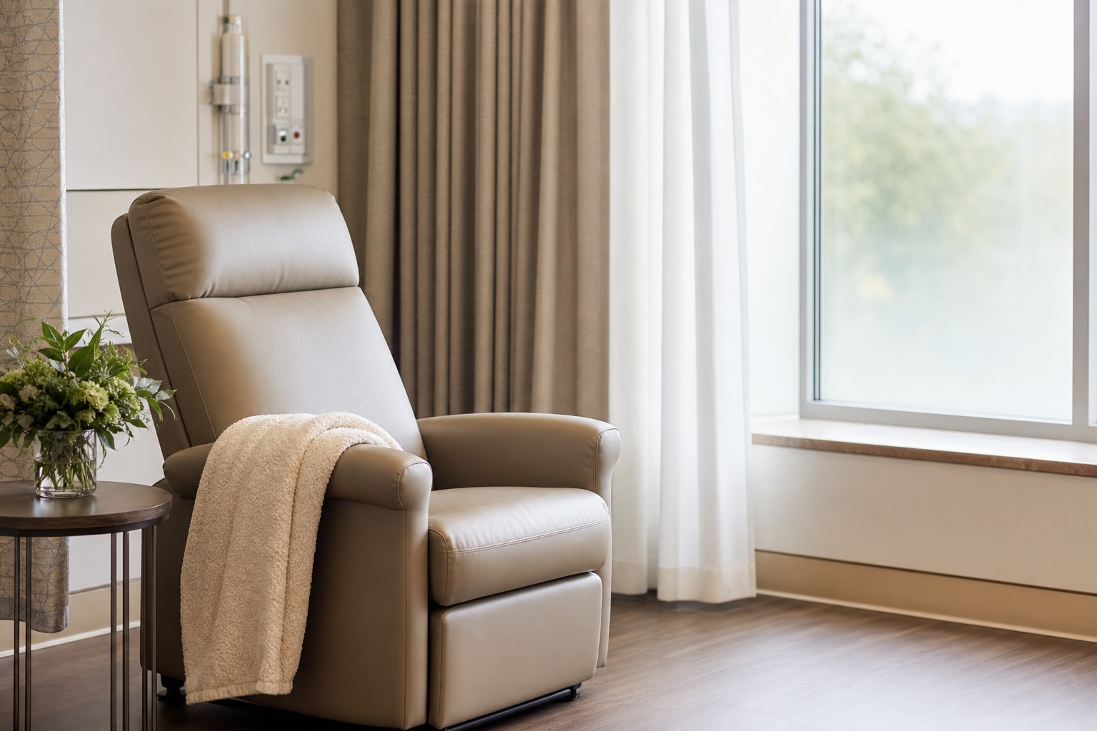Beige recliner chair beside a small plant in a bright room with a window