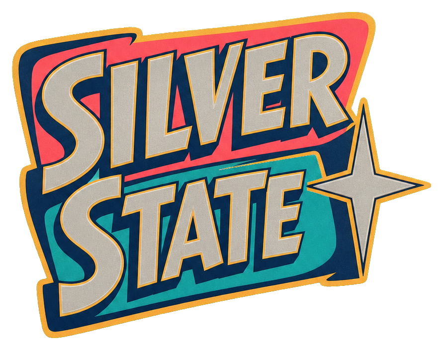Retro Silver State Star text with a star outline in gold, blue, and red.
