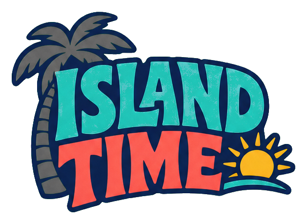 Retro island time text with palm tree and small sun graphic