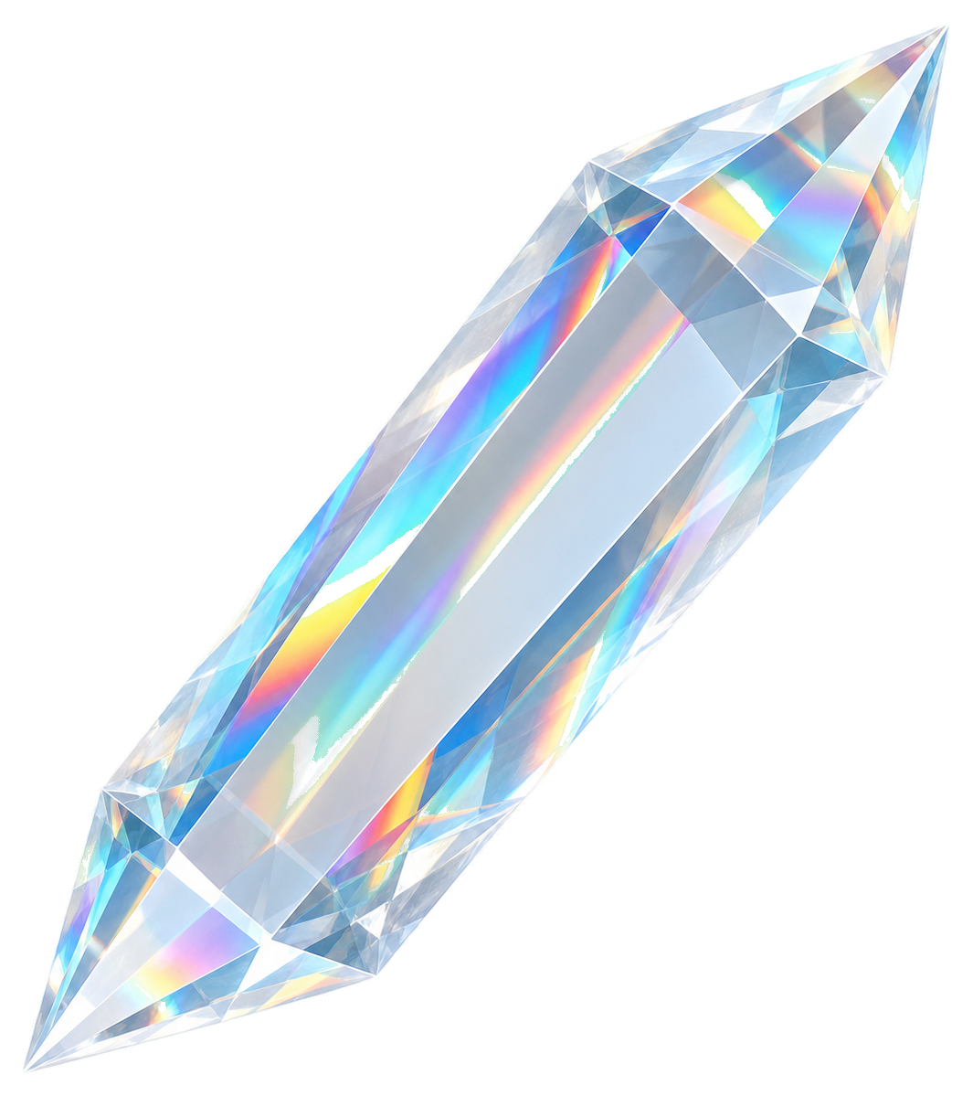 Faceted transparent prism crystal with rainbow reflections on a black background.
