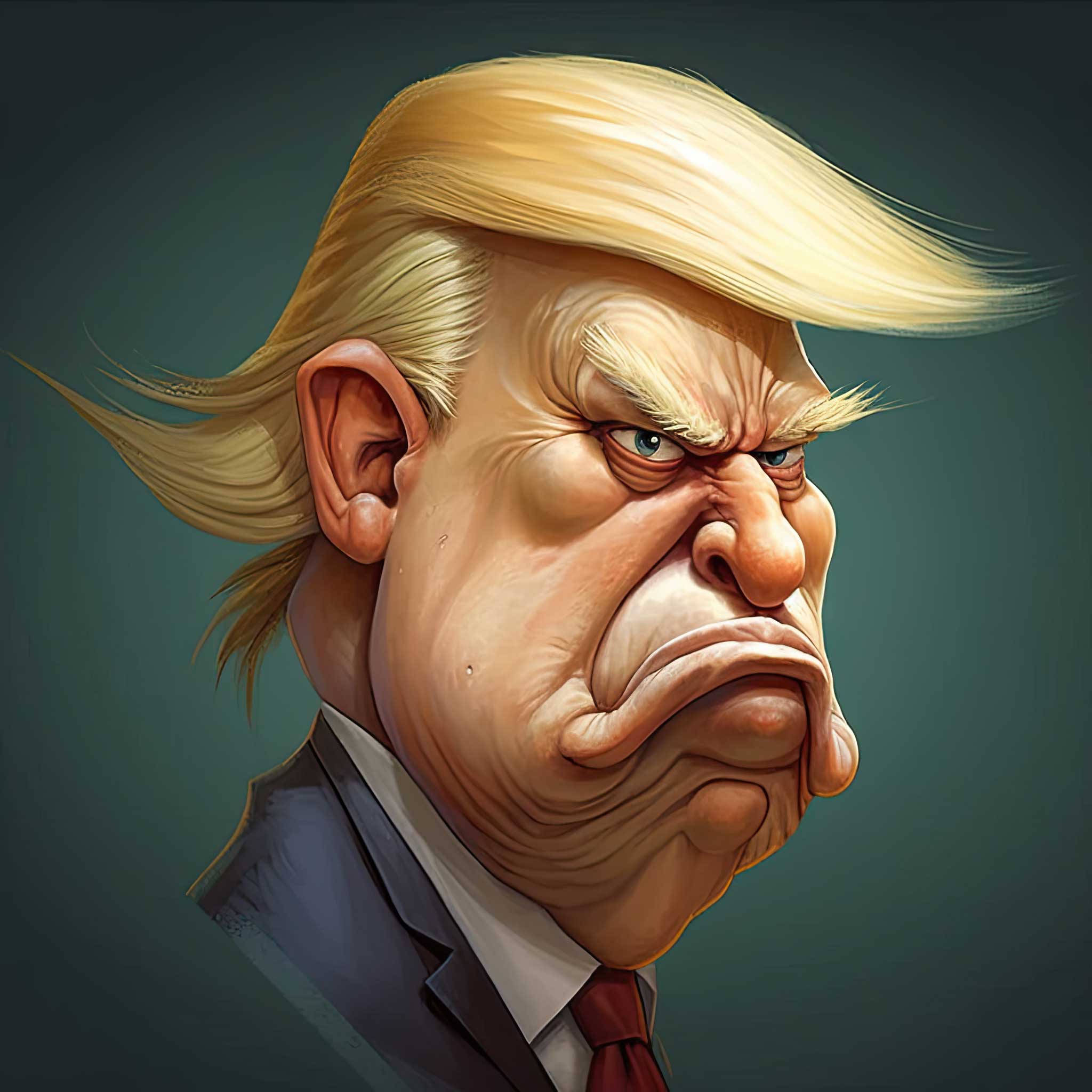 Caricature portrait of Donald Trump with a stern expression and swept blond hair.
