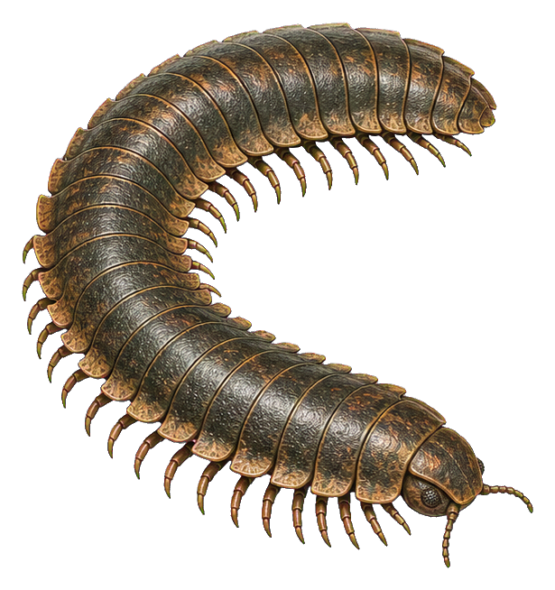Realistic prehistoric arthropleura millipede curled into a circle on a transparent background