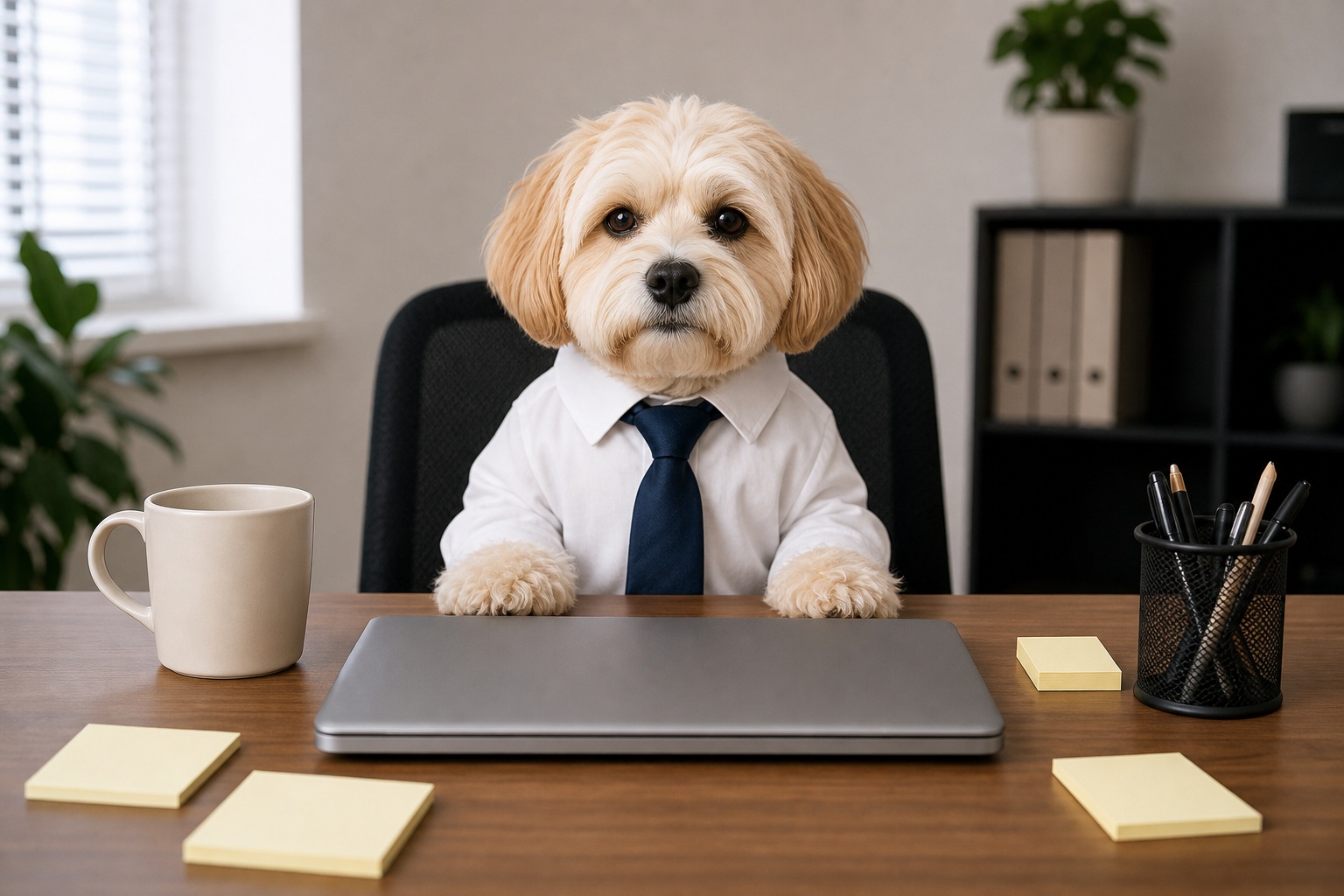 Small dog in a tie sitting at a desk with a laptop and office supplies
