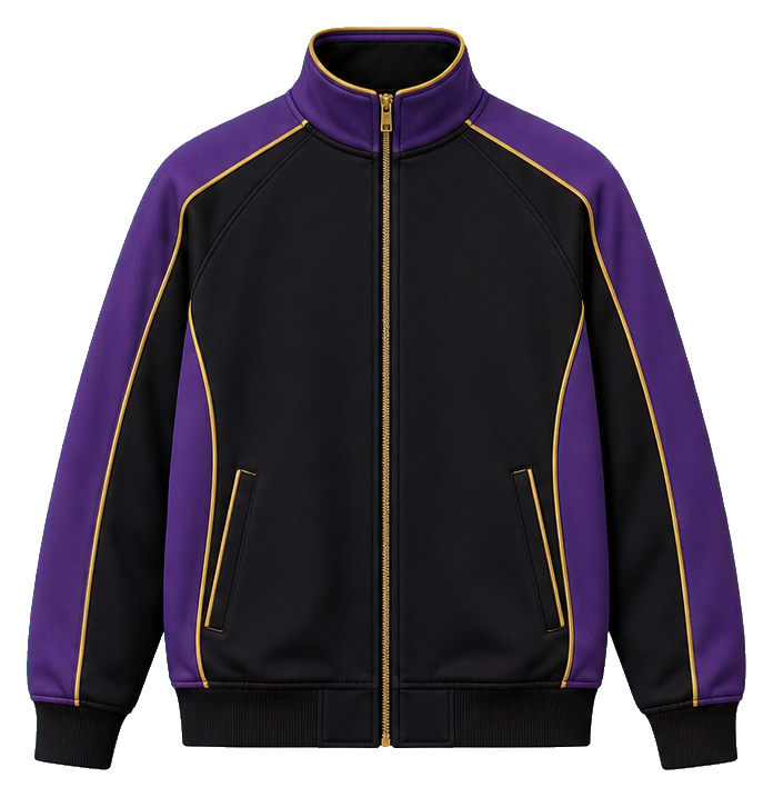 Black track jacket with gold trim and purple sleeves, shown as a sticker graphic.