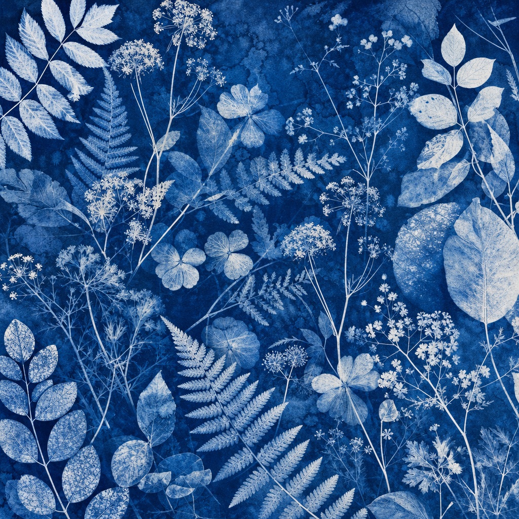 Blue cyanotype-style botanical pattern with pressed leaves, stems, and flowers