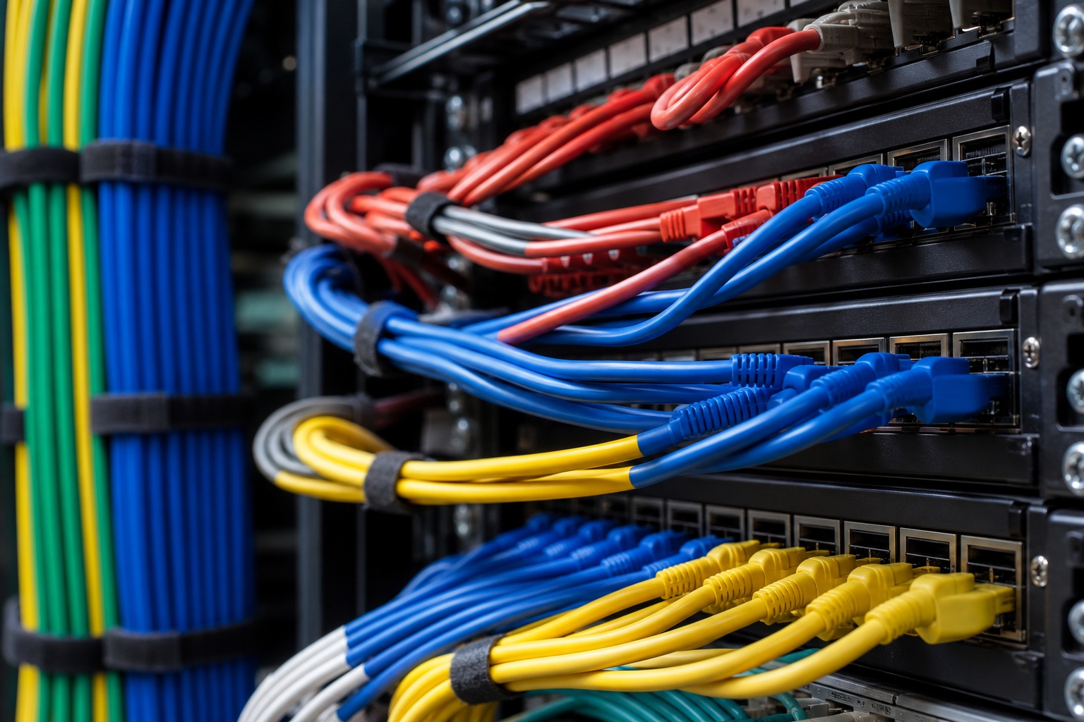 Colorful network cables connected to patch panels in a server room