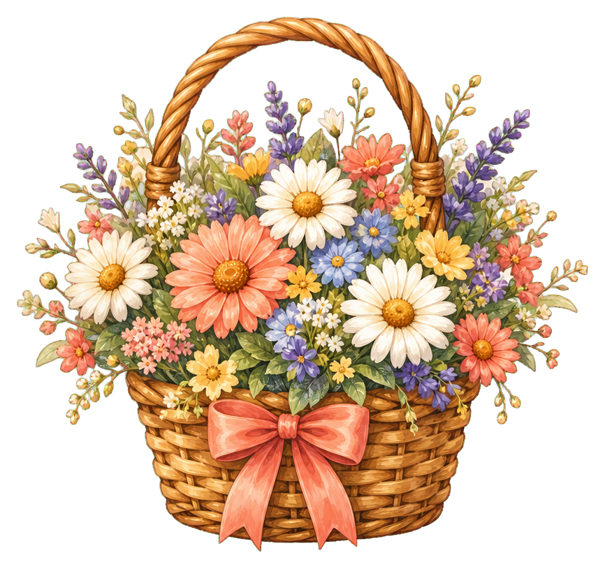A woven basket filled with colorful wildflowers and a pink bow.