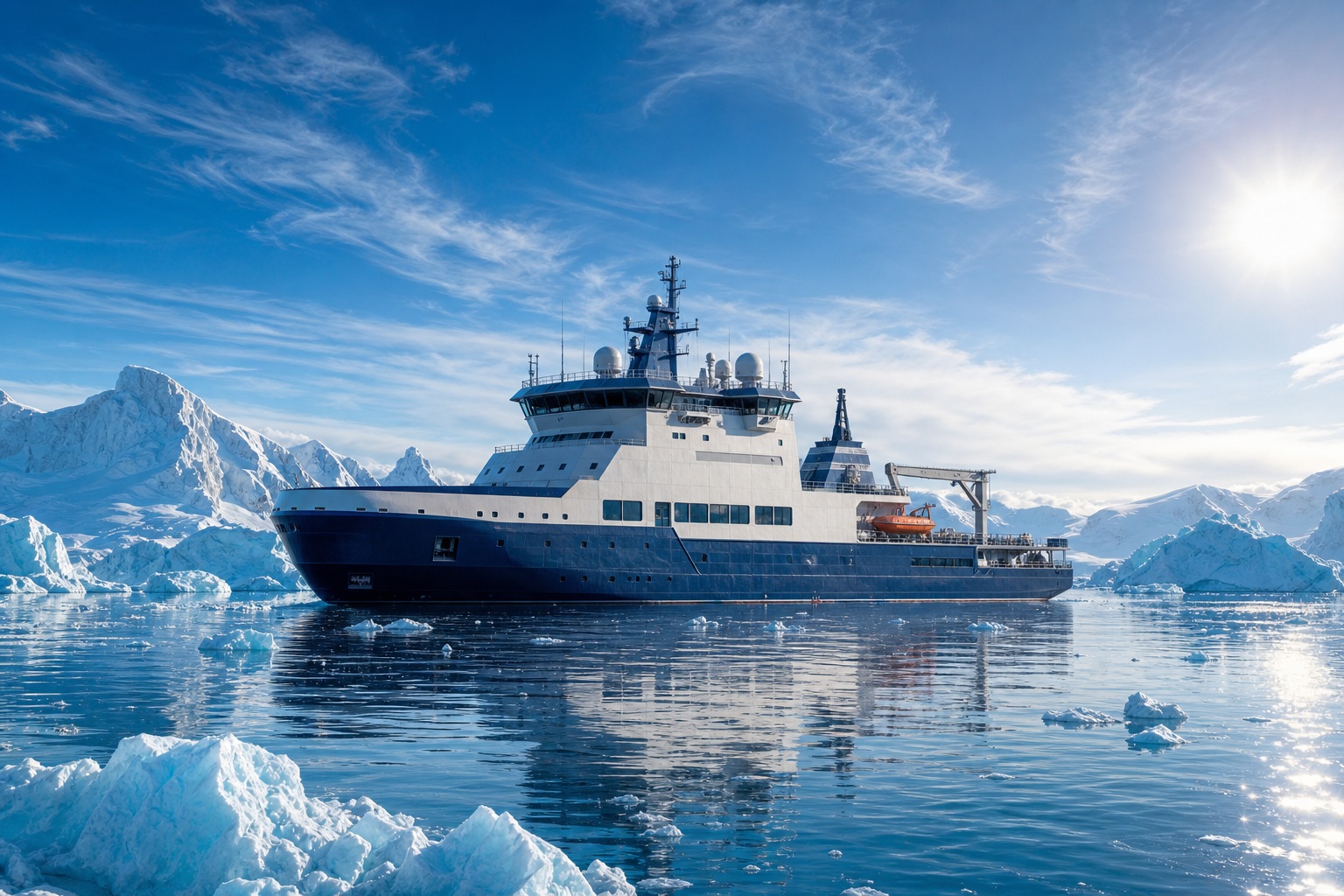 Large icebreaker ship sailing through calm icy water under a bright sun.