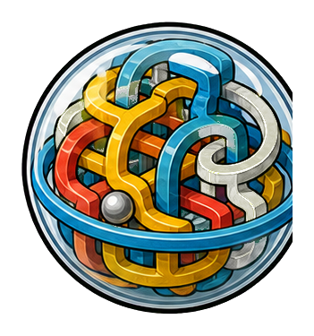 Colorful maze ball puzzle with intersecting tracks inside a clear sphere