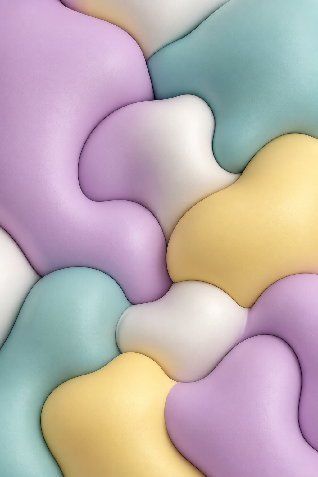 Layered pastel abstract shapes in lilac, mint, cream, and yellow with soft rounded edges