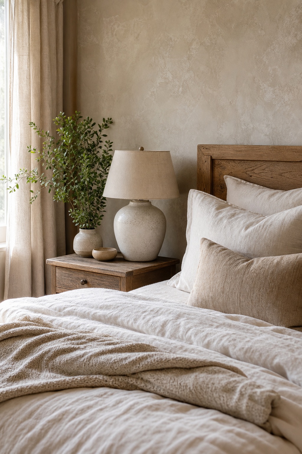 Staged bedroom with neutral bedding, wooden headboard, bedside table, lamp, and potted plant near curtains
