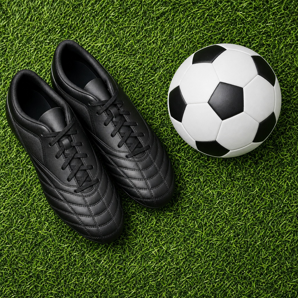 Black soccer cleats beside a soccer ball on green turf