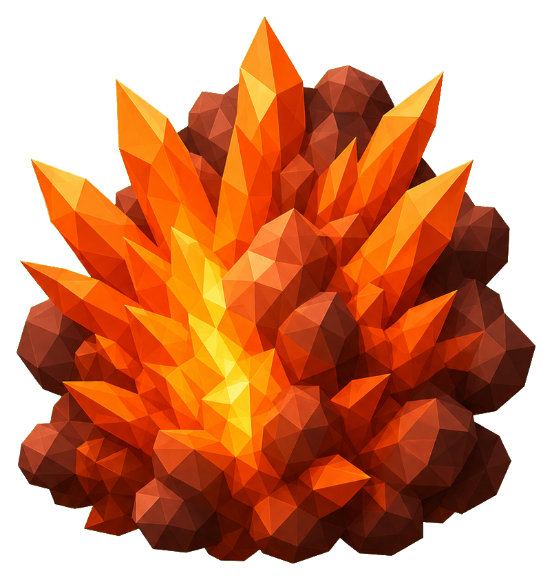 Orange low poly crystal explosion bursting outward with sharp angular shards