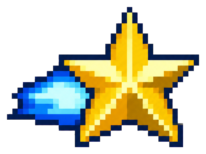 Pixel art gold star with a blue comet trail in retro game style