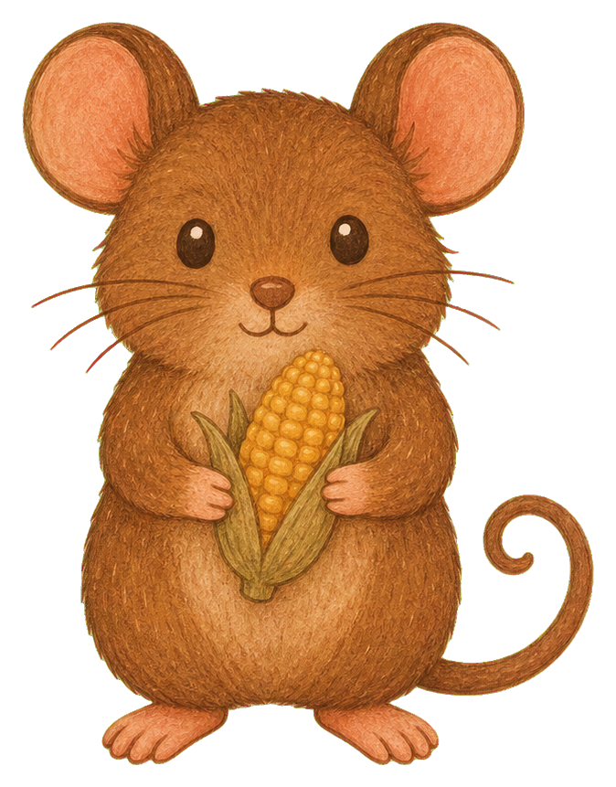A warm brown mouse holding a yellow ear of corn with a curled tail.