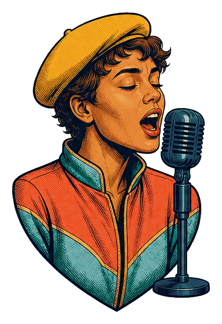 Hip hop singer in a gold beret singing into a vintage microphone.