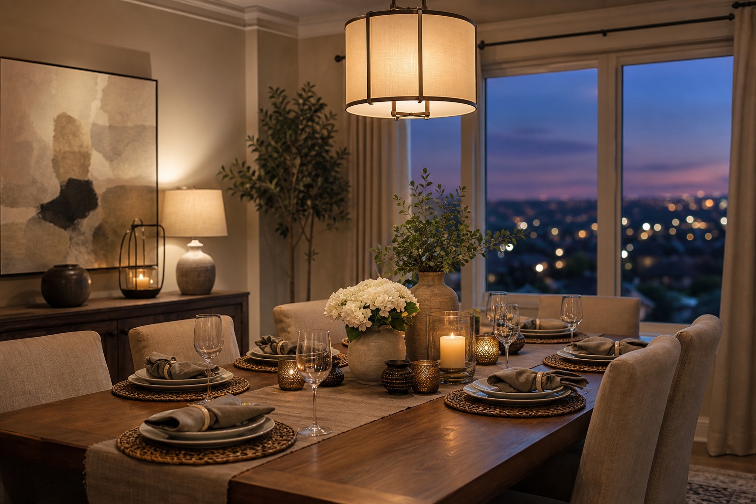 Staged modern dining room with set table and warm pendant light at twilight