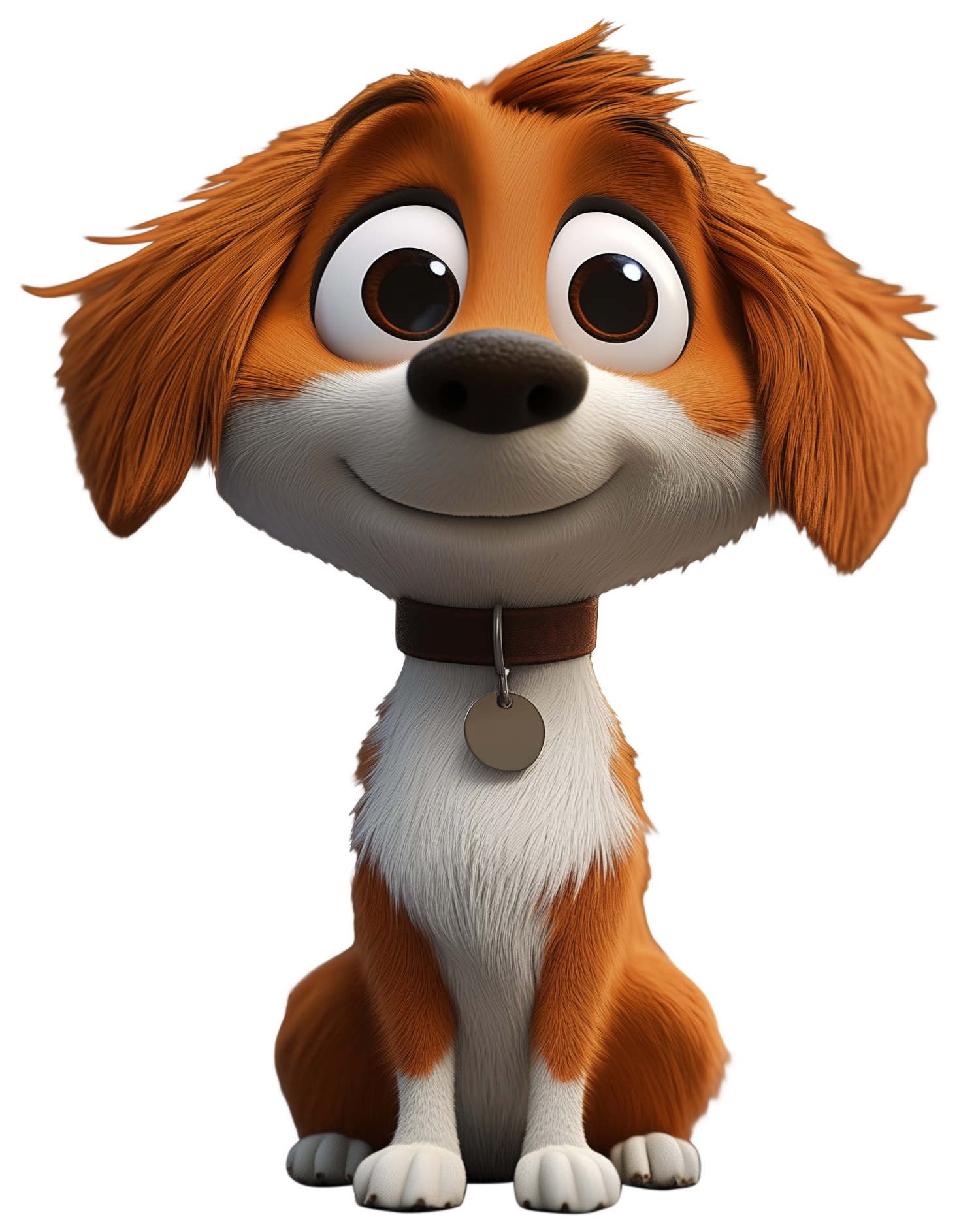 A smiling cartoon dog with big eyes, floppy ears, and a small tag collar.