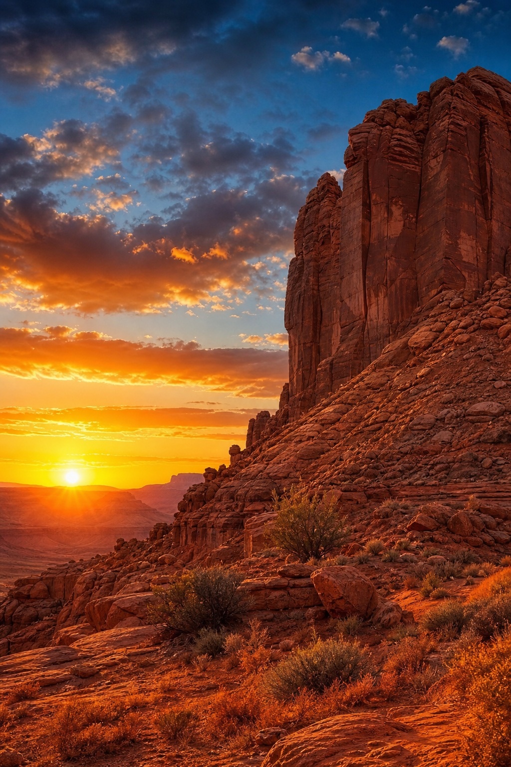 Sunset over red rock cliffs and desert terrain under a glowing orange sky