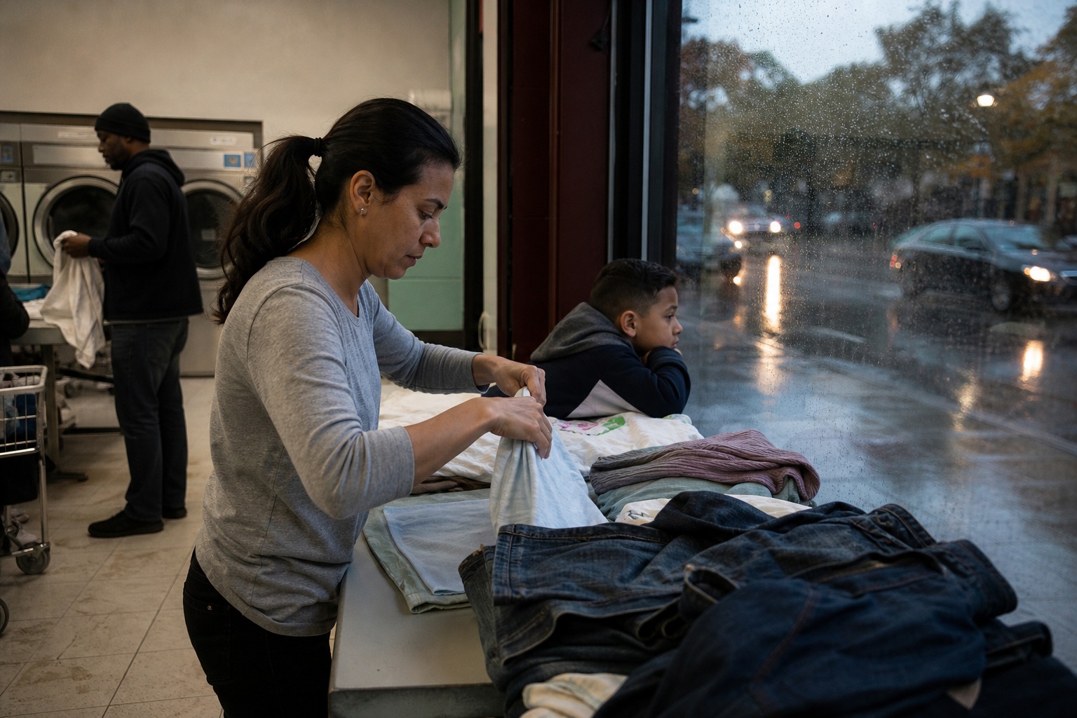 Woman folding laundry beside a seated child in a laundromat by a rainy window