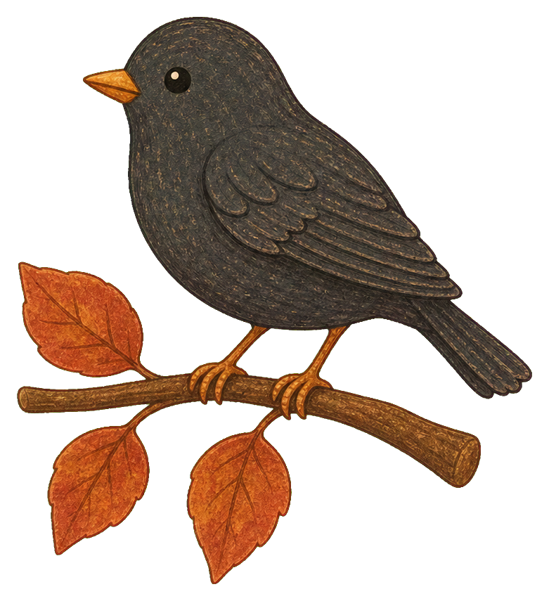 Blackbird perched on a branch with orange leaves