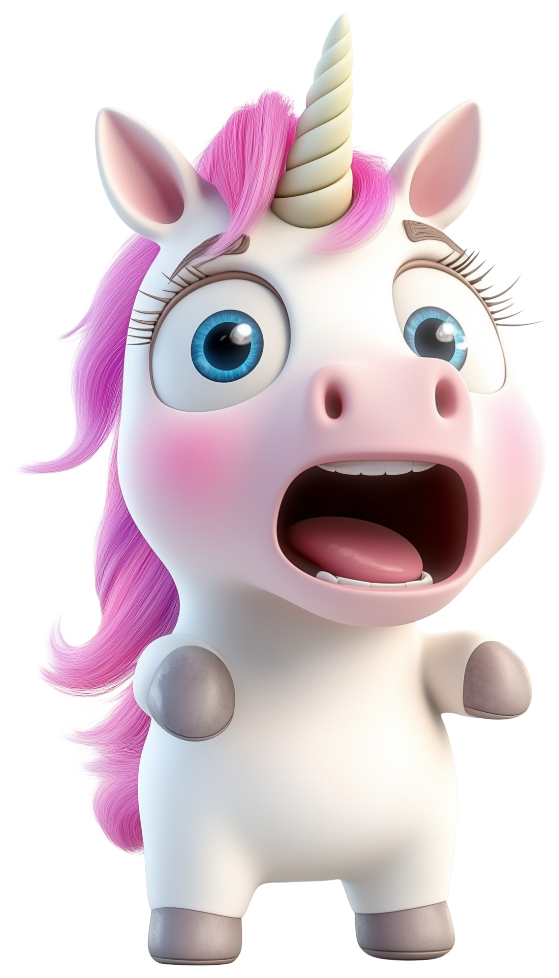 A white cartoon unicorn with pink mane, blue eyes, and a surprised open mouth.