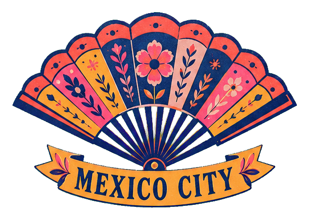 Decorative fan-shaped Mexico City sticker with floral patterns and ribbon text.