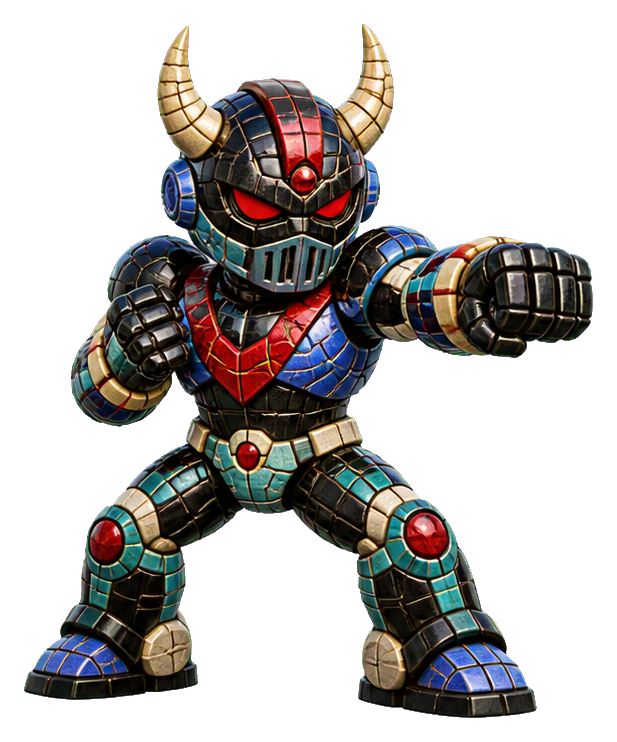 Horned robot in a punching pose with a glazed ceramic mosaic look