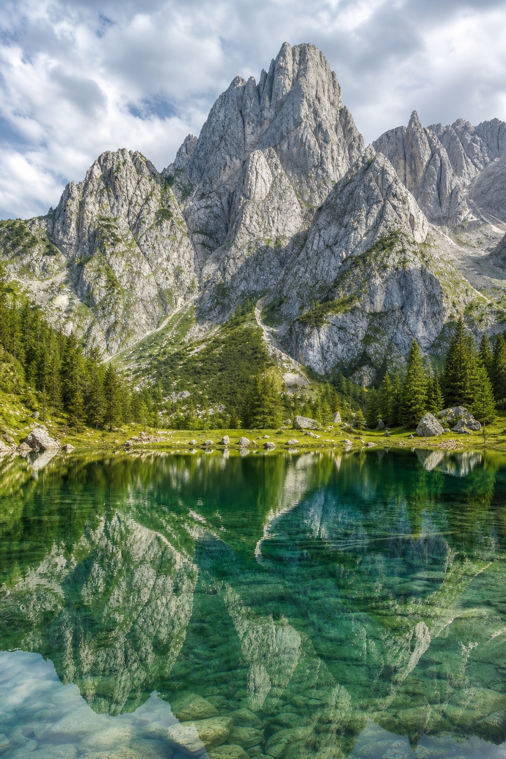 Rocky limestone mountain above a clear lake with trees and mirrored reflections.