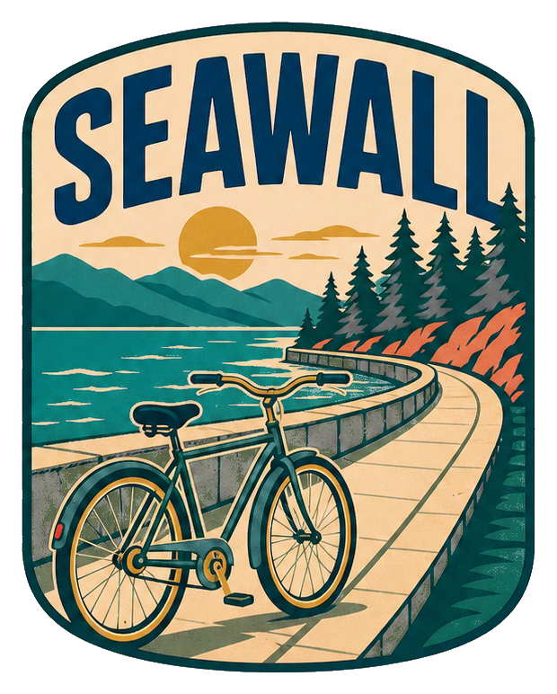 Retro illustrated sticker of a bicycle on a waterfront seawall path with trees and sunset.