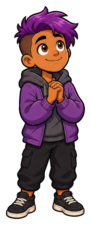 Smiling teen with purple hair and hoodie clasping their hands together