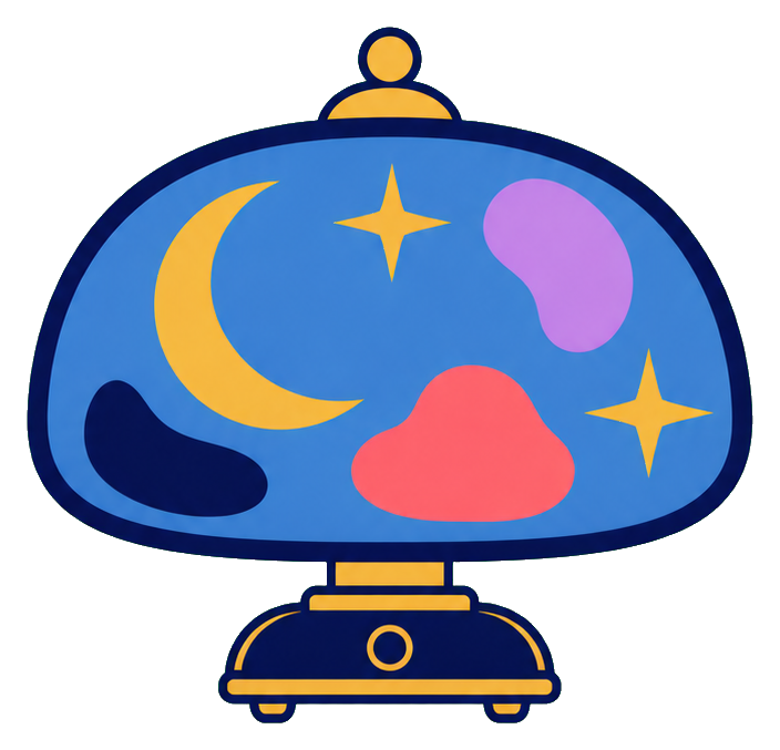Blue lava lamp sticker with moon, stars, and colorful celestial shapes