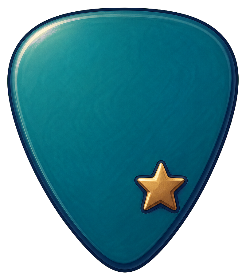 Blue guitar pick with a small gold star near the lower right edge