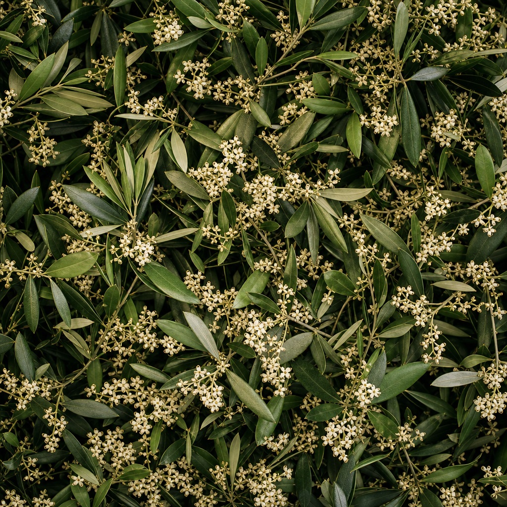 Dense olive green eucalyptus leaves and small cream flowers in a square pattern.