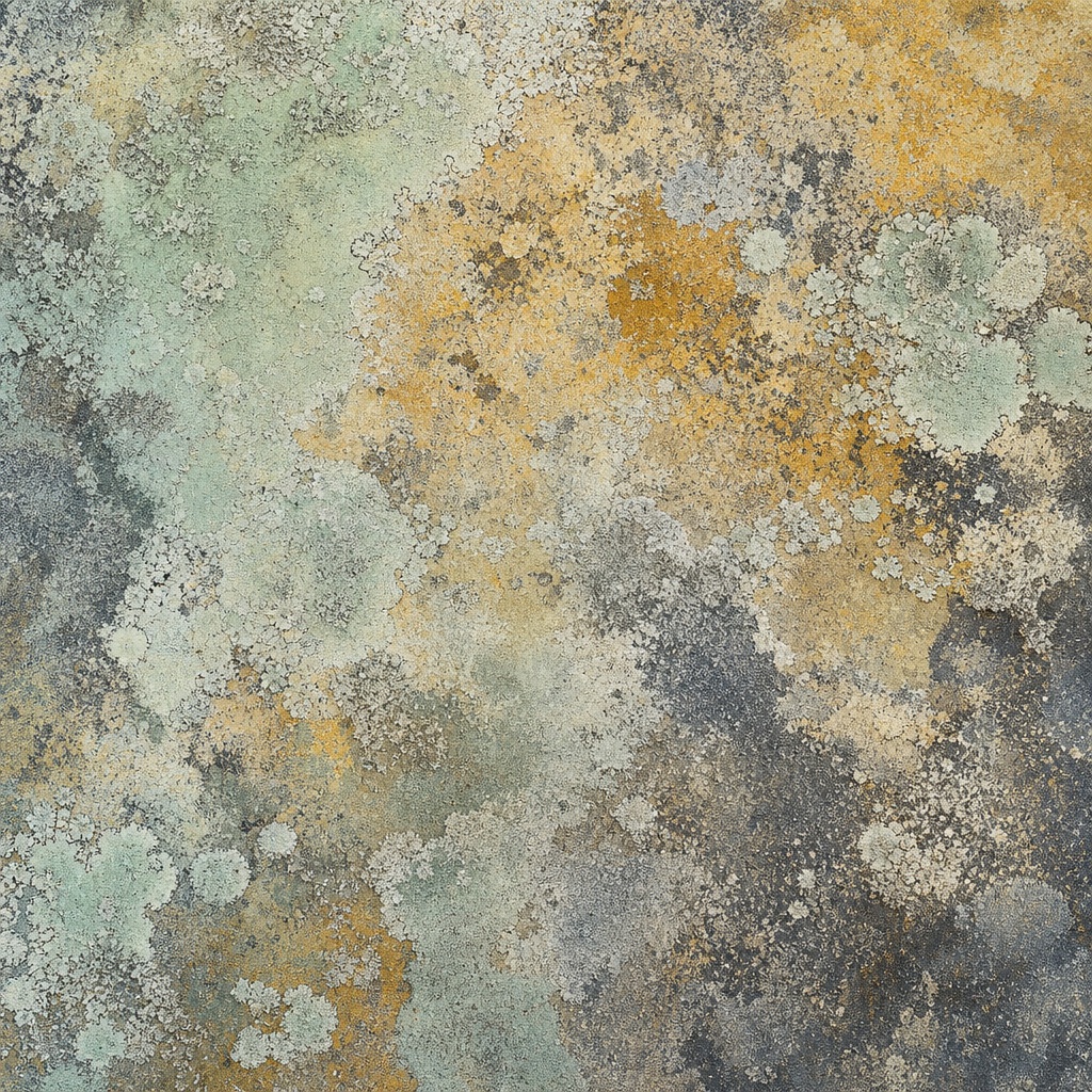 Abstract organic lichen and stone texture in muted gray, green, and ochre tones