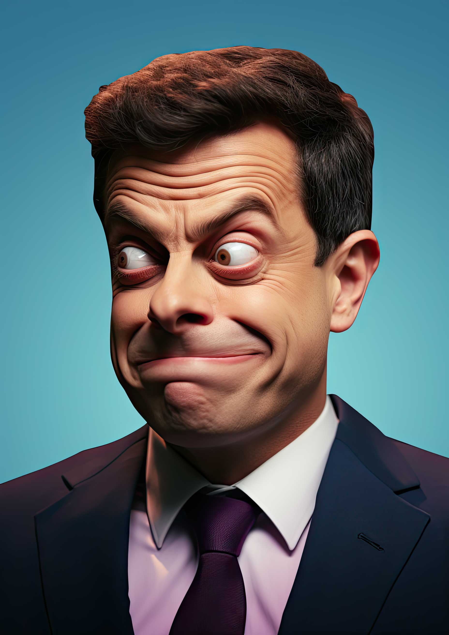 Man in a suit with a surprised, quirky facial expression against a blue background.