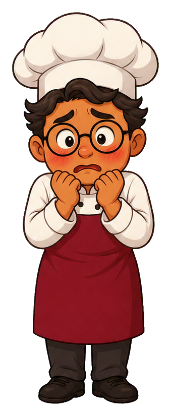 A nervous chef with a white hat and apron, blushing and holding clenched hands.