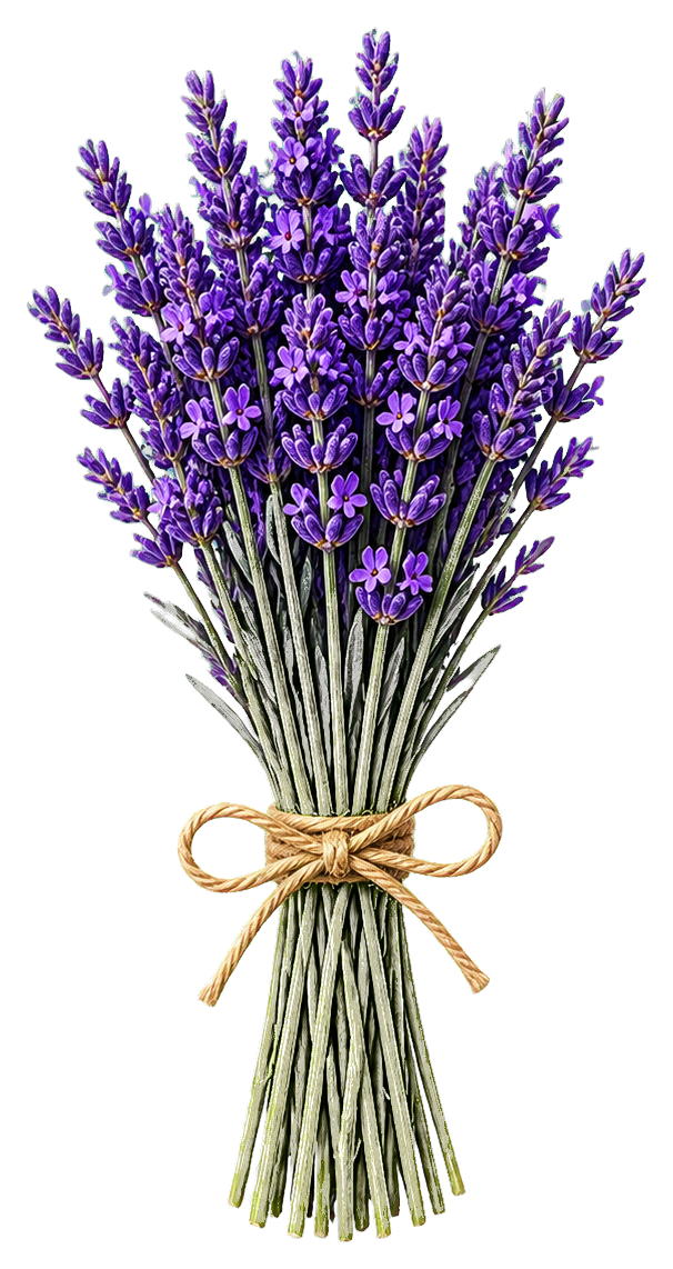 A tied bundle of purple lavender stems with a natural twine bow.