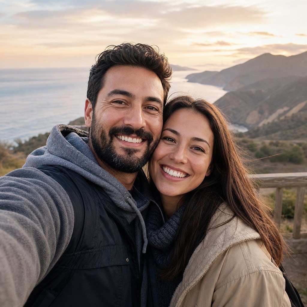 Smiling couple taking a selfie with mountains and sunset in the background.