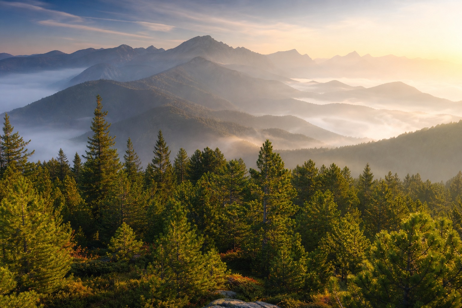 Layered misty mountains with pine trees and soft morning light