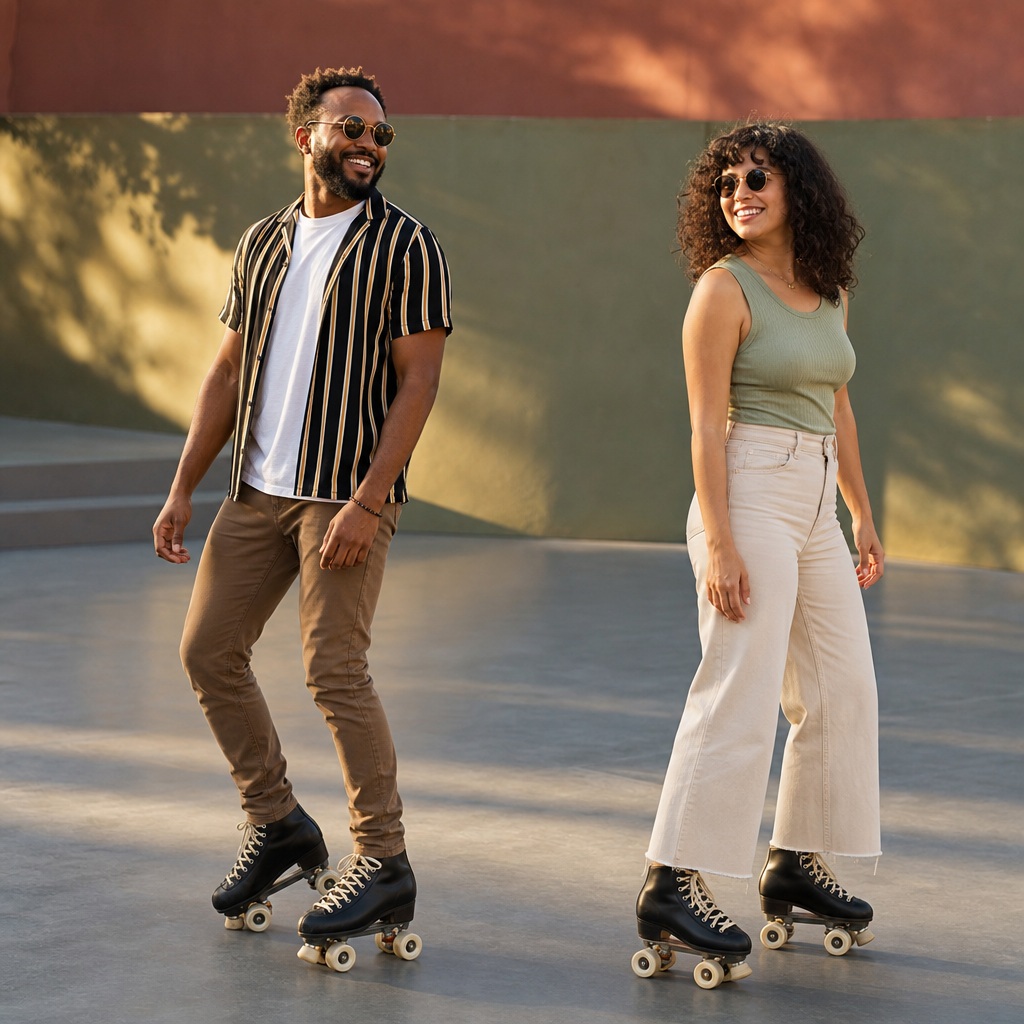 Two friends wearing quad skates standing together at an outdoor rink.