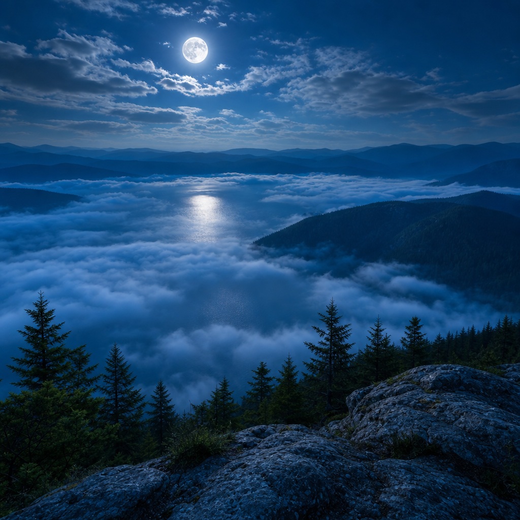 Moon over glowing clouds above a dark lake and mountain landscape at night